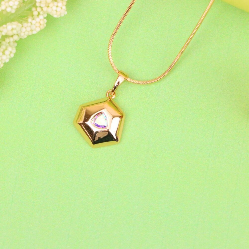 "Gold-Plated Satin White Pendant with Iridescent Center Stone, XPPT1749 - Picture 3 of 13